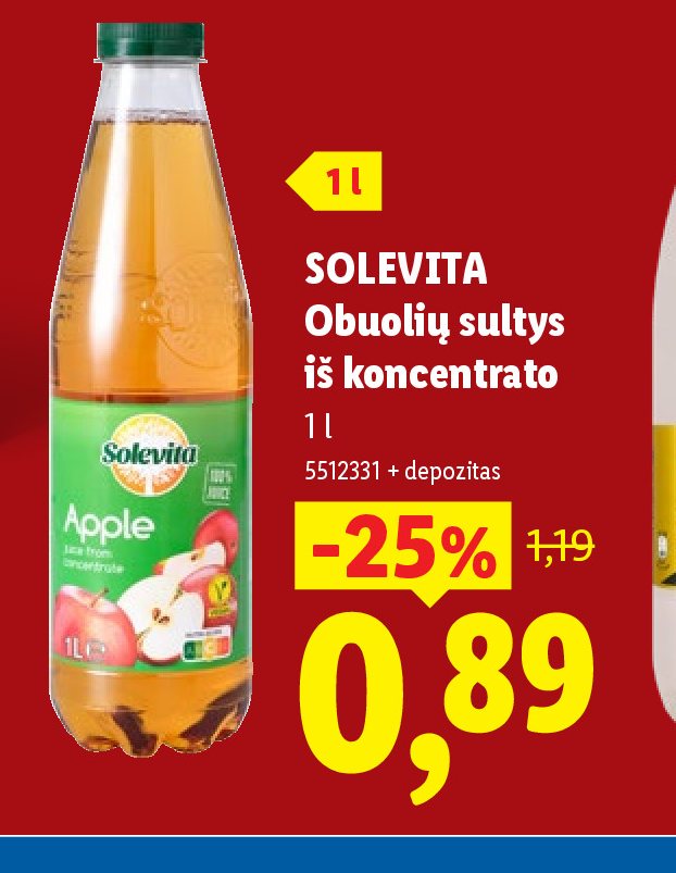 SOLEVITA Obuolių sultys iš koncentrato, 1 l