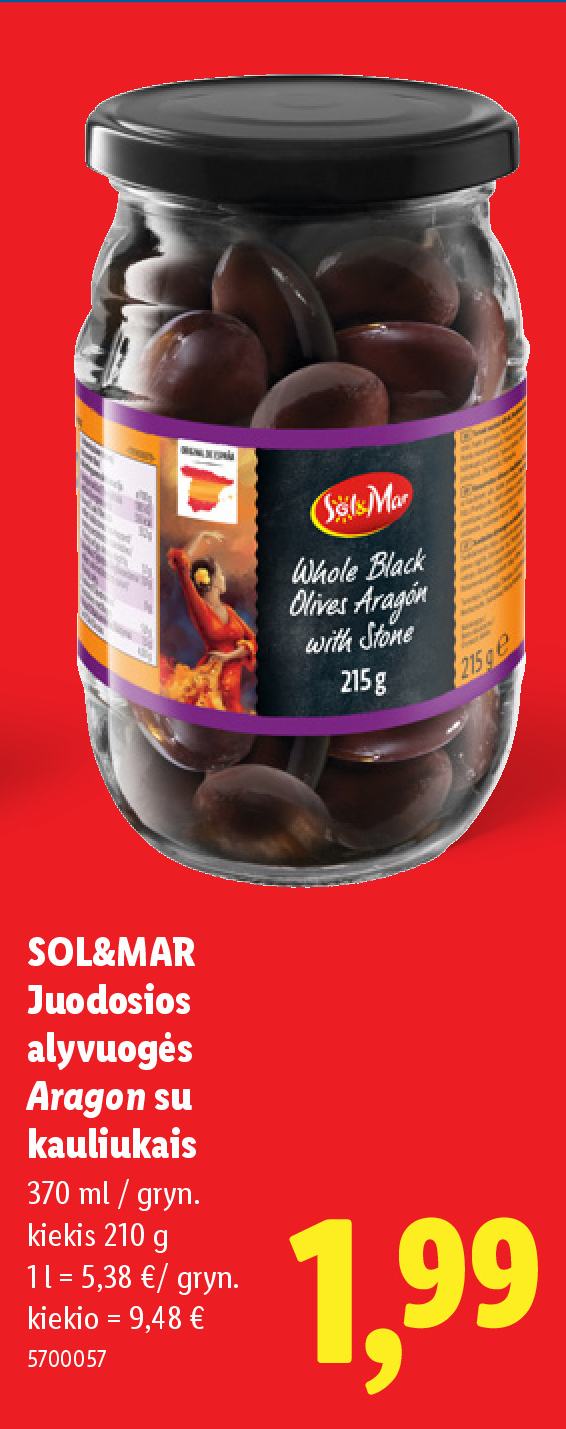 SOL&MAR Juodosios alyvuogės Aragon su kauliukais, 370 ml