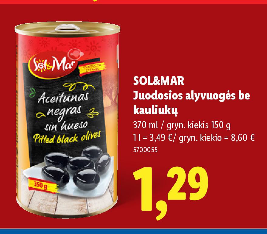 SOL&MAR Juodosios alyvuogės be kauliukų, 370 ml