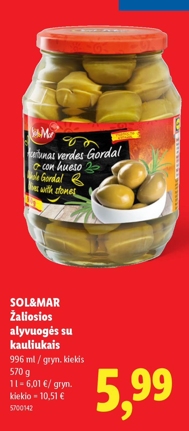 SOL&MAR Žaliosios alyvuogės su kauliukais, 996 ml