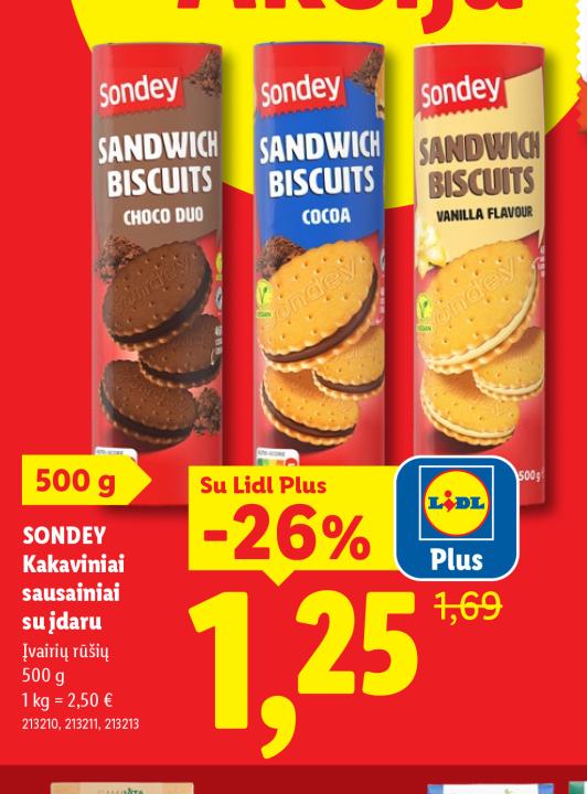SONDEY Kakaviniai sausainiai su įdaru, 500 g