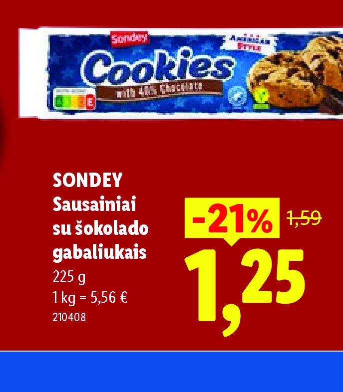 SONDEY Sausainiai su šokolado gabaliukais, 225 g