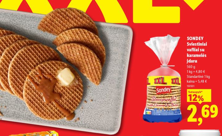 SONDEY Sviestiniai vafliai su karamelės įdaru, 560 g