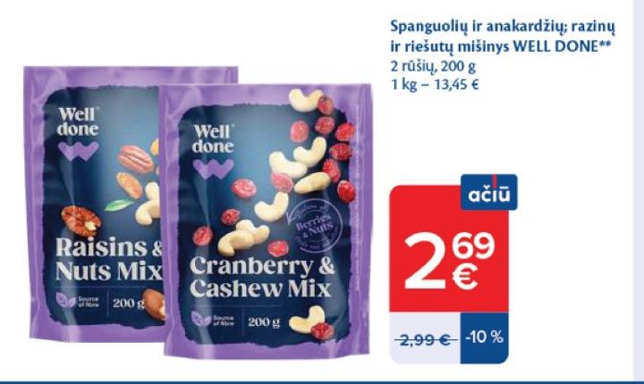 Spanguolių ir anakardžių; razinų ir riešutų mišinys WELL DONE, 200 g