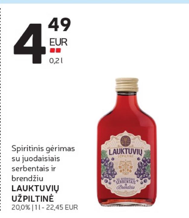 Spiritinis gėrimas su juodaisiais serbentais ir brendžiu LAUKTUVIŲ UŽPILTINĖ, 0.2 l