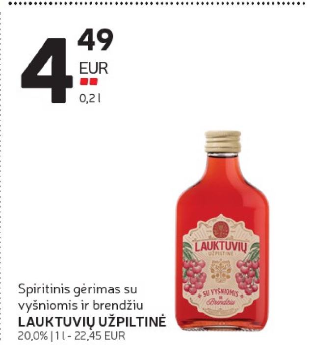 Spiritinis gėrimas su vyšniomis ir brendžiu LAUKTUVIŲ UŽPILTINĖ, 0.2 l