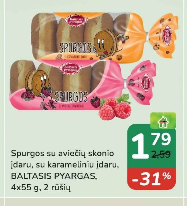 Spurgos su aviečių skonio įdaru, su karameliniu įdaru, BALTASIS PYARGAS, 4 x 55 g