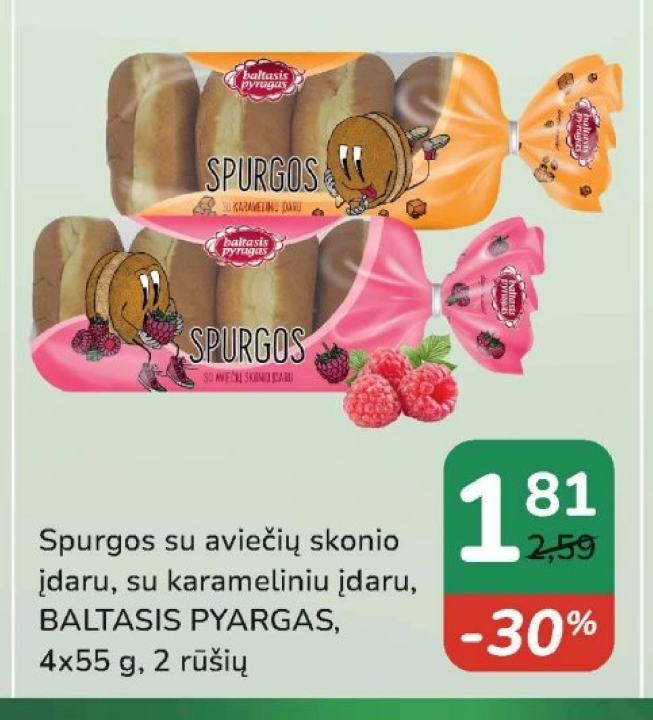 Spurgos su aviečių skonio įdaru, su karameliniu įdaru, BALTASIS PYRAGAS, 4 x 55 g