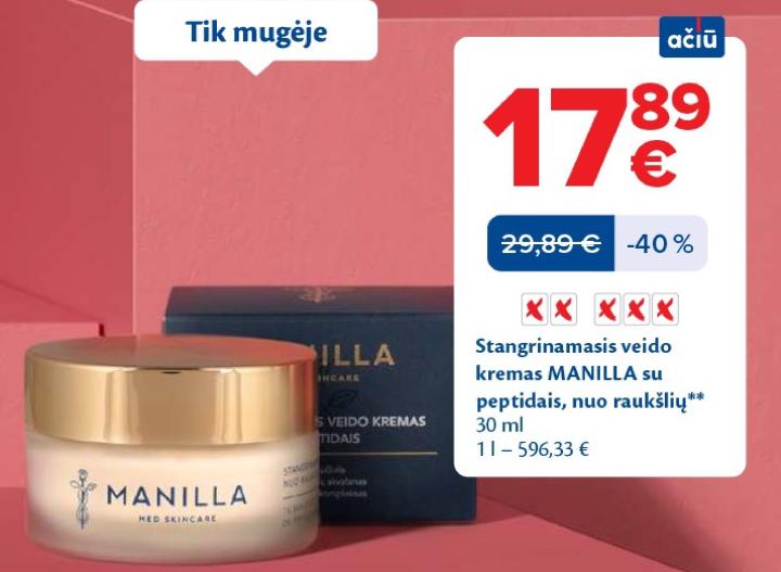 Stangrinamasis veido kremas MANILLA su peptidais, nuo raukšlių, 30 ml