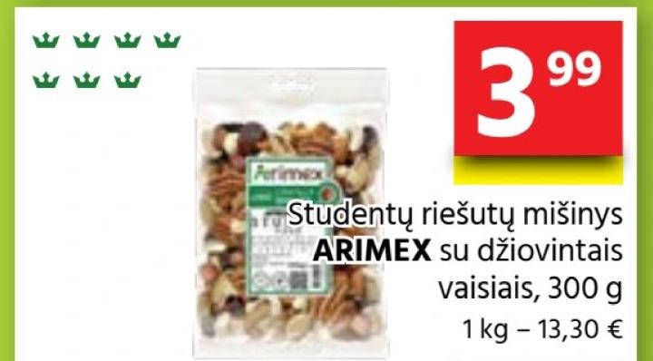Studentų riešutų mišinys ARIMEX su džiovintais vaisiais, 300 g