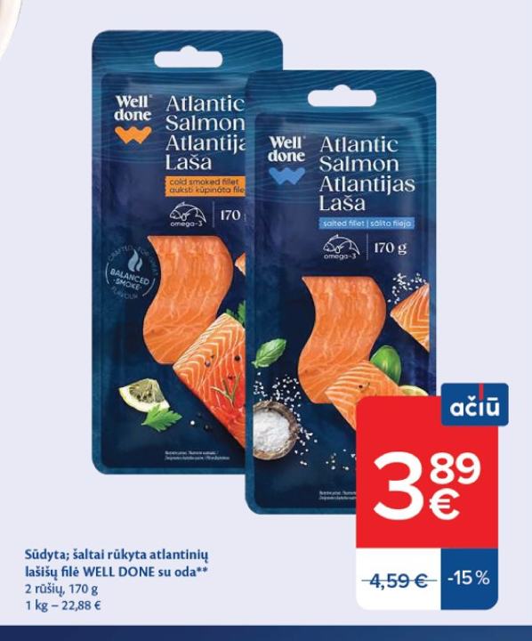 Sūdyta; šaltai rūkyta atlantinių lašišų filė WELL DONE su oda, 170 g