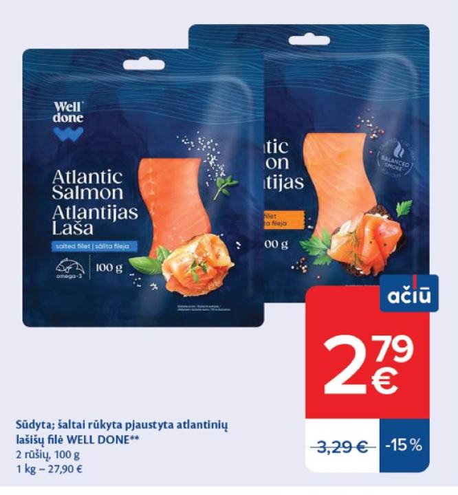 Sūdyta; šaltai rūkyta pjaustyta atlantinių lašišų filė WELL DONE, 100 g