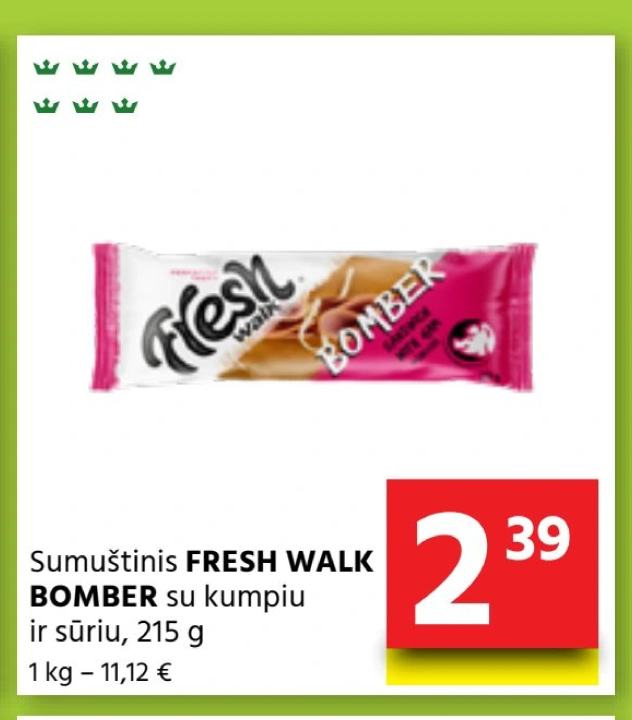 Sumuštinis FRESH WALK BOMBER su kumpiu ir sūriu, 215 g