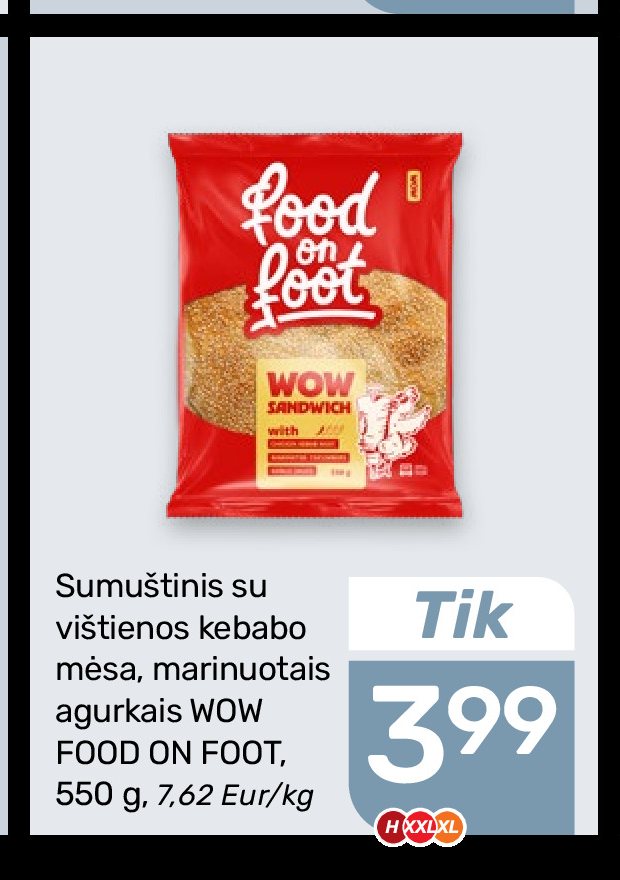 Sumuštinis su vištienos kebabo mėsa, marinuotais agurkais WOW FOOD ON FOOT, 550 g