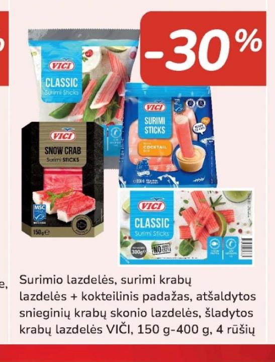 Surimio lazdelės, surimi krabų lazdelės + kokteilinis padažas, atšaldytos snieginių krabų skonio lazdelės, šaldytos krabų lazdelės VIČI, 150 g-400 g