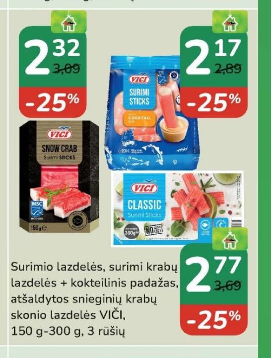 Surimio lazdelės, surimi krabų lazdelės + kokteilinis padažas, atšaldytos snieginių krabų skonio lazdelės VIČI, 150 g-300 g