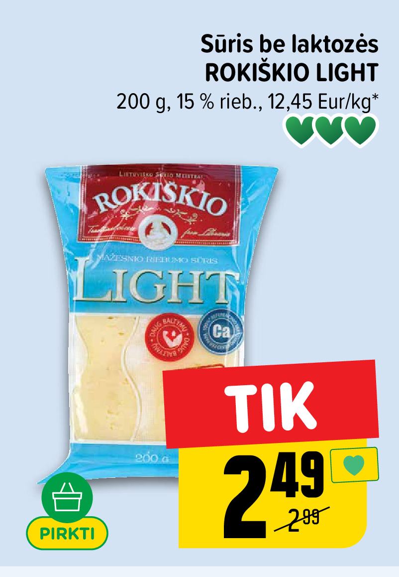 Sūris be laktozės ROKIŠKIO LIGHT, 200 g