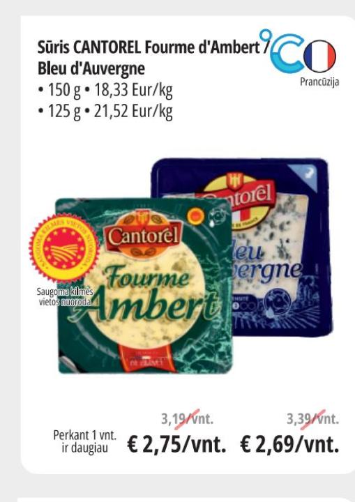 Sūris CANTOREL Fourme d'Ambert / Bleu d'Auvergne, 150 g