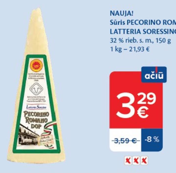 Sūris PECORINO ROMANO LATTERIA SORESSINO DOP, 150 g