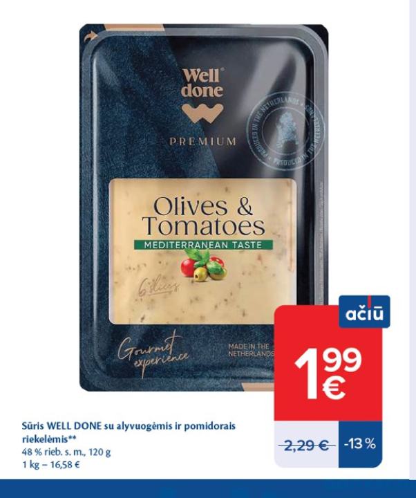 Sūris WELL DONE su alyvuogėmis ir pomidorais riekelėmis, 120 g