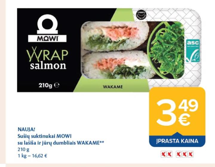 Sušių suktinukai MOWI su lašiša ir jūrų dumbliais WAKAME, 210 g