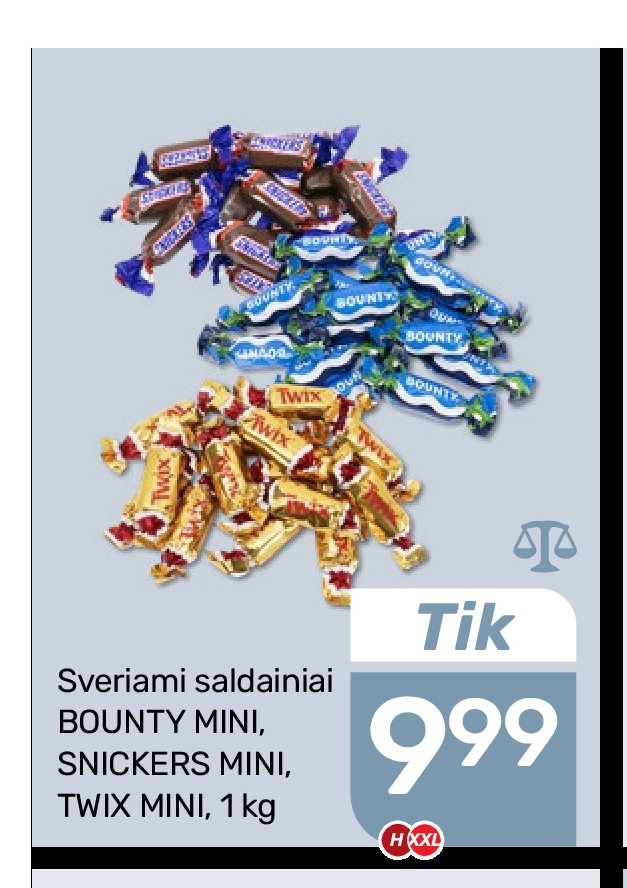 Sveriami saldainiai BOUNTY MINI, SNICKERS MINI, TWIX MINI, 1 kg