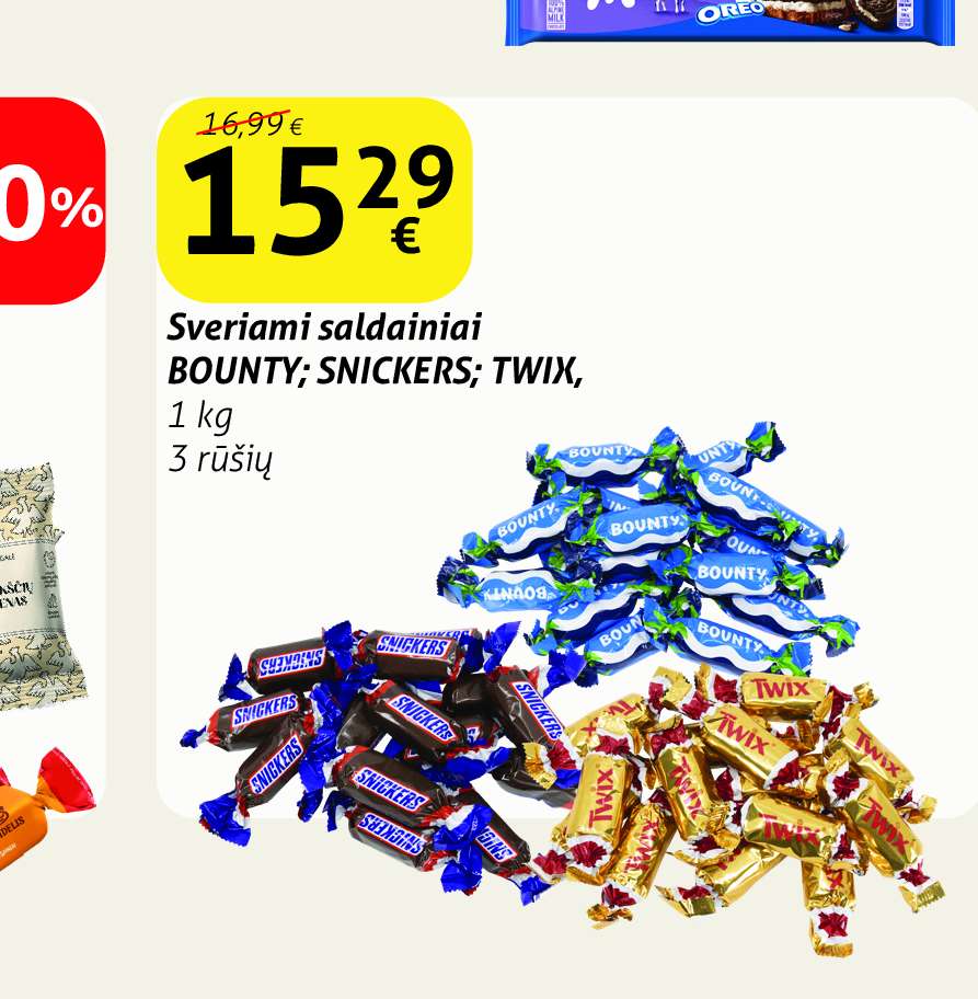 Sveriami saldainiai BOUNTY; SNICKERS; TWIX, 1 kg
