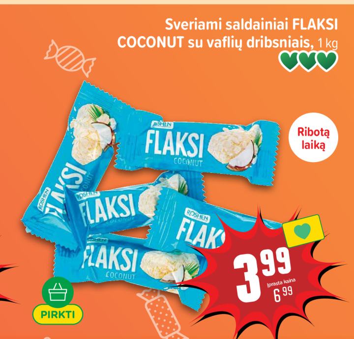 Sveriami saldainiai FLAKSI COCONUT su vaflių dribsniais, 1 kg