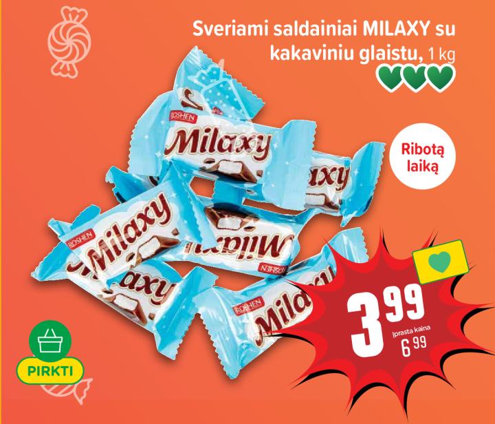 Sveriami saldainiai MILAXY su kakaviniu glaistu, 1 kg