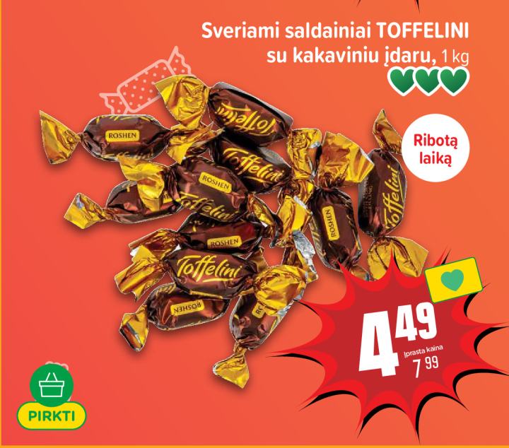 Sveriami saldainiai TOFFELINI su kakaviniu įdaru, 1 kg
