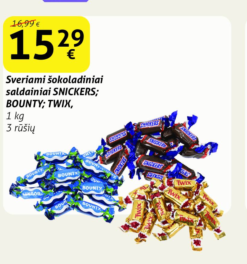 Sveriami šokoladiniai saldainiai SNICKERS; BOUNTY; TWIX, 1 kg