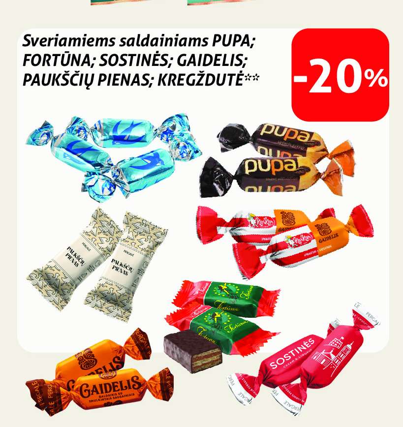 Sveriamiems saldainiams PUPA; FORTŪNA; SOSTINĖS; GAIDELIS; PAUKŠČIŲ PIENAS; KREGŽDUTĖ