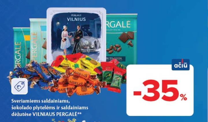 Sveriamiems saldainiams, šokolado plytelėms ir saldainiams dėžutėse VILNIAUS PERGALĖ