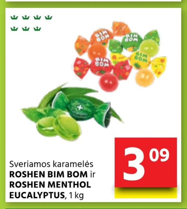 Sveriamos karamelės ROSHEN BIM BOM ir ROSHEN MENTHOL EUCALYPTUS, 1 kg
