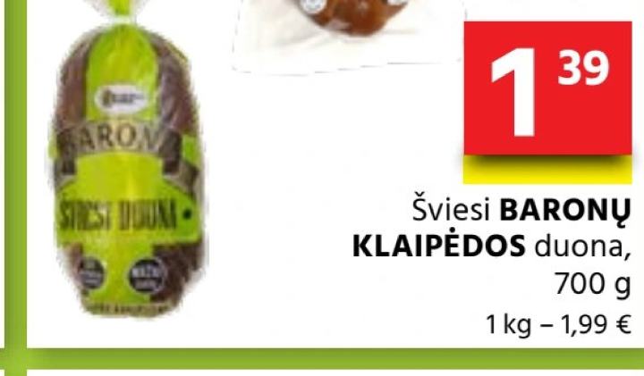 Šviesi BARONŲ KLAIPĖDOS duona, 700 g