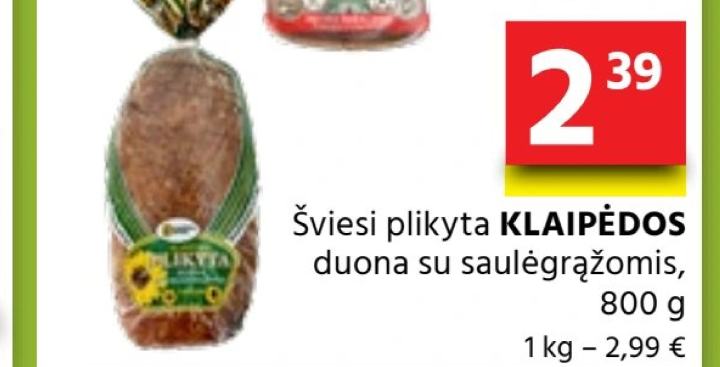 Šviesi plikyta KLAIPĖDOS duona su saulėgrąžomis, 800 g