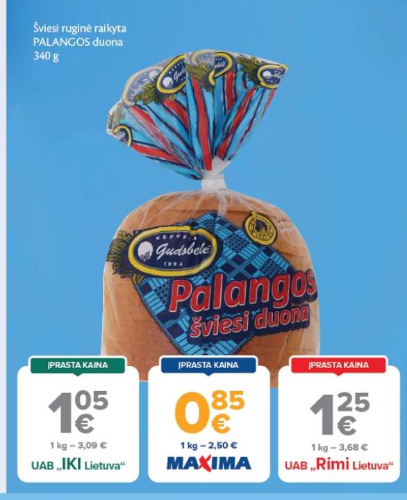 Šviesi ruginė raikyta PALANGOS duona, 340 g