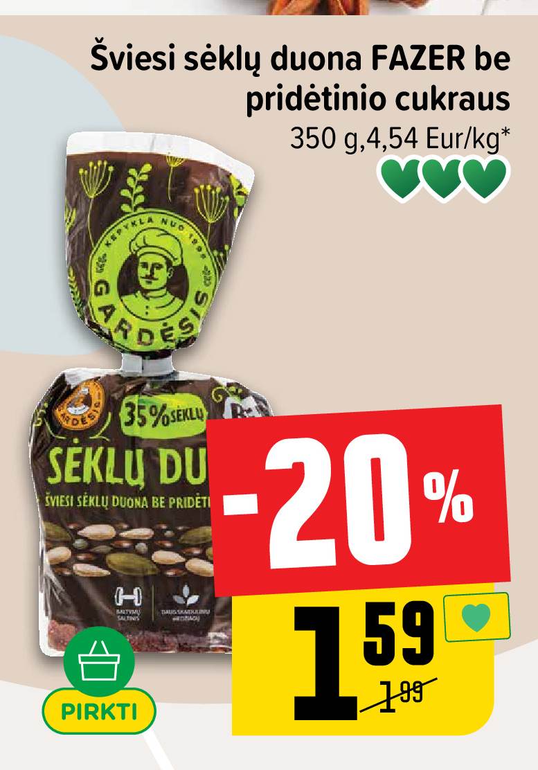 Šviesi sėklų duona FAZER be pridėtinio cukraus, 350 g