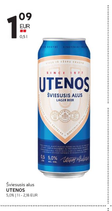 Šviesusis alus UTENOS, 1 l