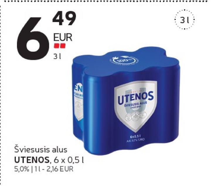 Šviesusis alus UTENOS, 6 x 0.5 l