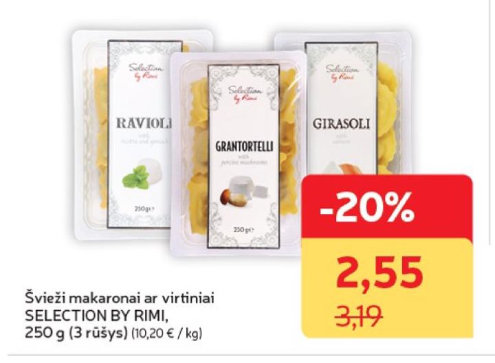 Švieži makaronai ar virtiniai SELECTION BY RIMI, 250 g