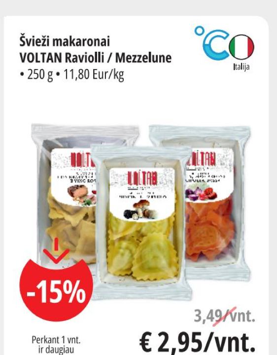 Švieži makaronai VOLTAN Raviolli / Mezzalune, 250 g