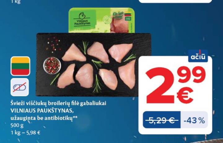 Švieži viščiukų broilerių filė gabaliukai VILNIAUS PAUKŠTYNAS, 500 g