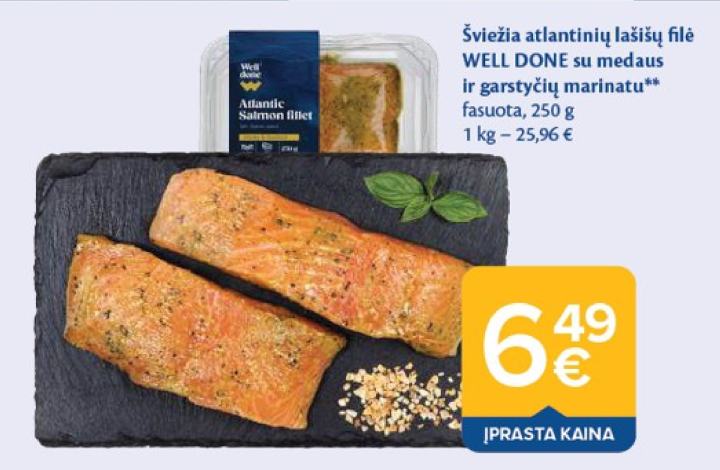Šviežia atlantinių lašišų filė WELL DONE su medaus ir garstyčių marinatu, 250 g