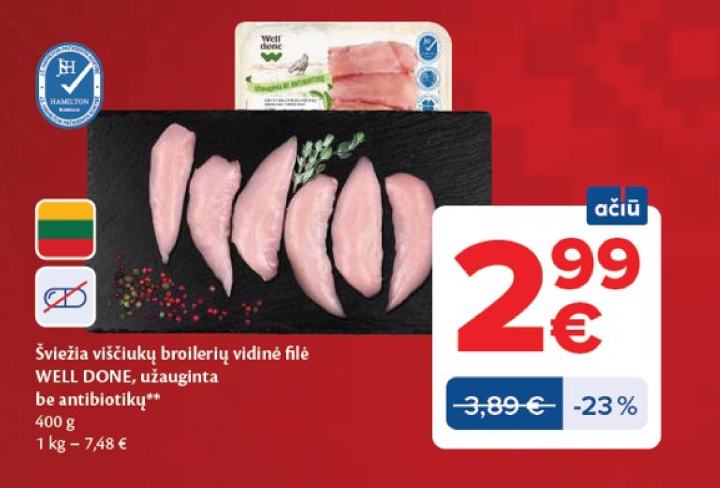 Šviežia viščiukų broilerių vidinė filė WELL DONE, 400 g