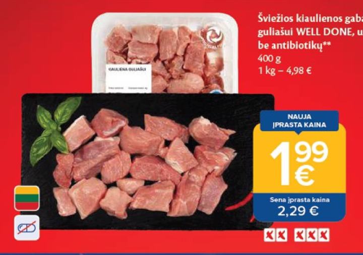 Šviežios kiaulienos gabaliukai guliašui WELL DONE, užauginta be antibiotikų, 400 g
