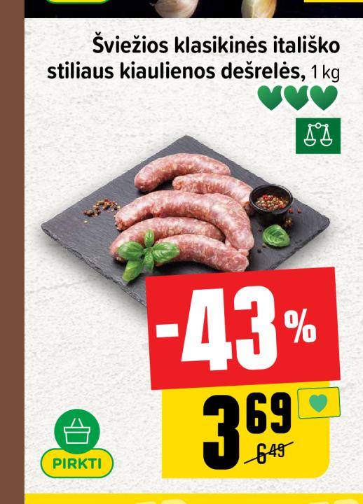 Šviežios klasikinės itališko stiliaus kiaulienos dešrelės, 1 kg