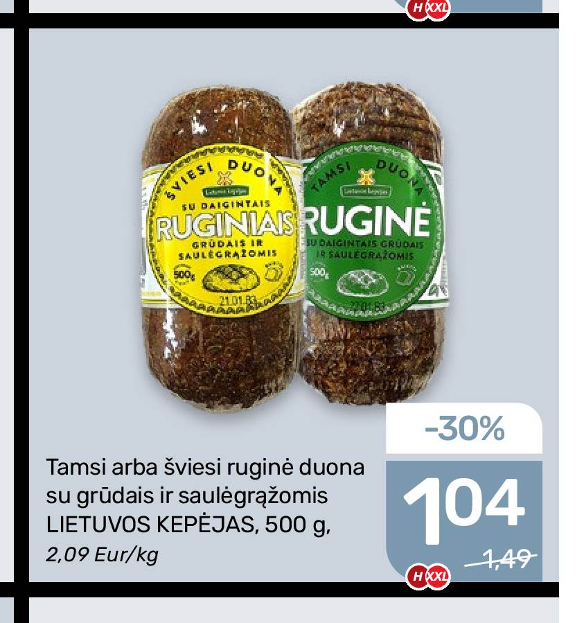 Tamsi arba šviesi ruginė duona su grūdais ir saulėgrąžomis LIETUVOS KEPĖJAS, 500 g