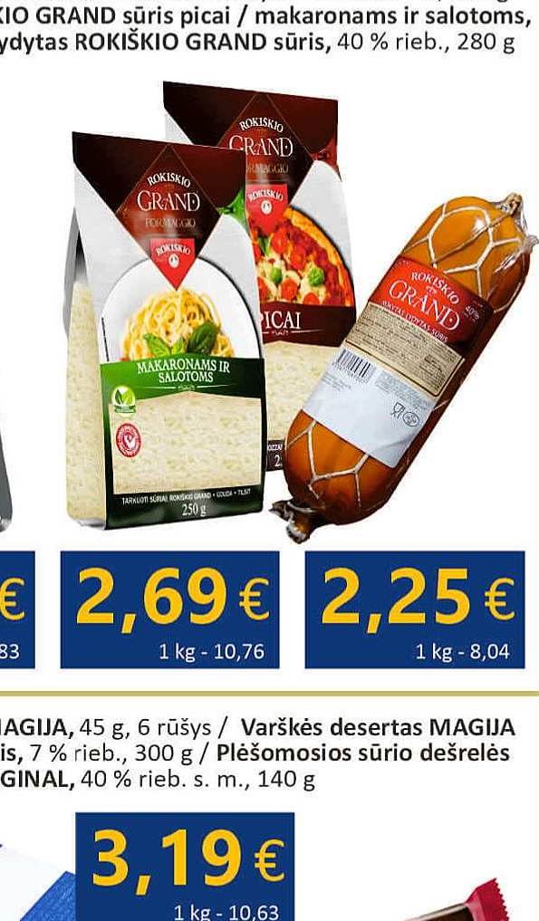 Tarkuotas ROKIŠKIO GRAND sūris picai / makaronams ir salotoms, 250 g