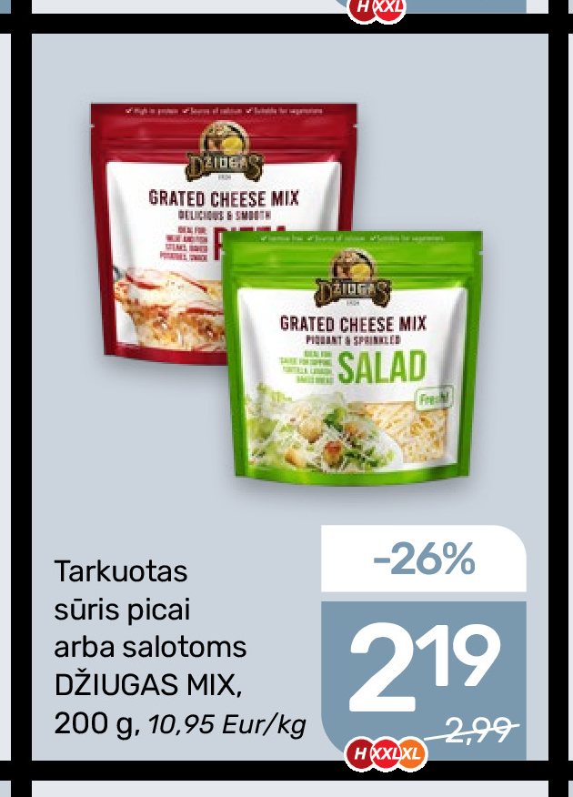 Tarkuotas sūris picai arba salotoms DŽIUGAS MIX, 200 g